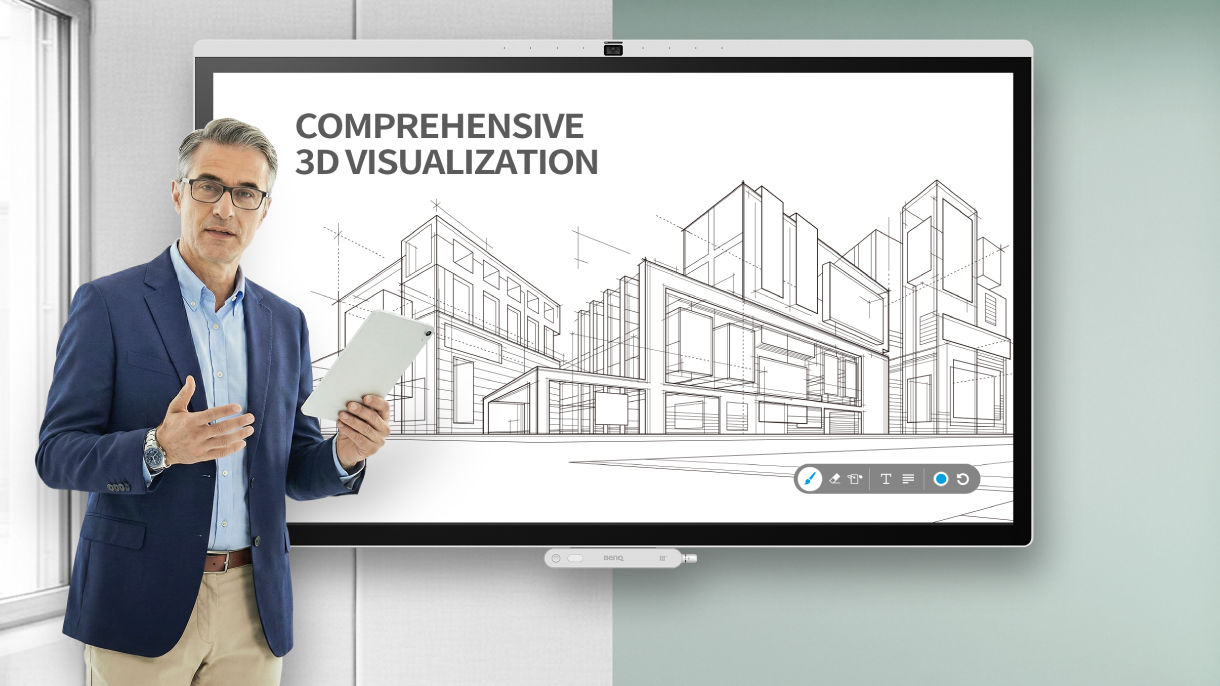 A professional presenter using a tablet to manage a 3D architectural visualization on a BenQ smart display, demonstrating a personalized workspace enabled by AMS login.