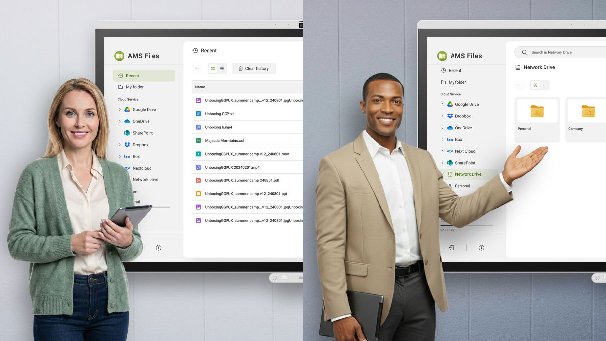 A professional woman and man demonstrating secure file access on a BenQ smart display via AMS, showing separate user accounts and cloud storage integration for enhanced data privacy.