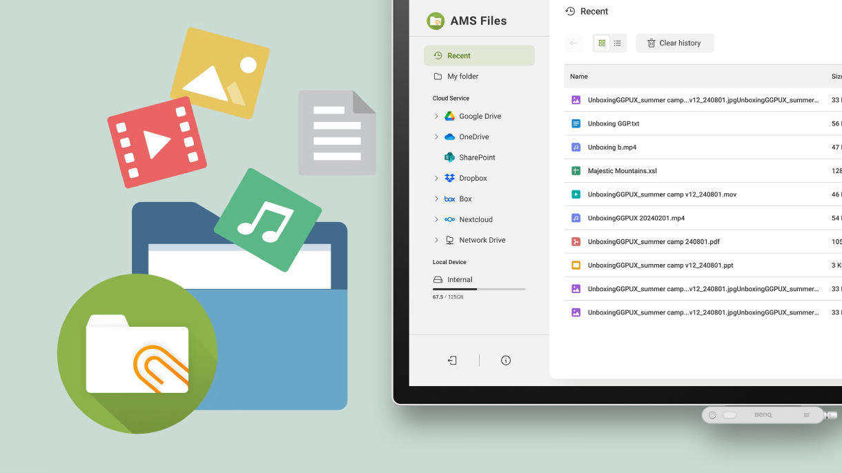 A graphic illustration of cloud files like video and audio being synced to a BenQ smart display, showing seamless integration with Google Drive, Dropbox, and OneDrive via AMS.