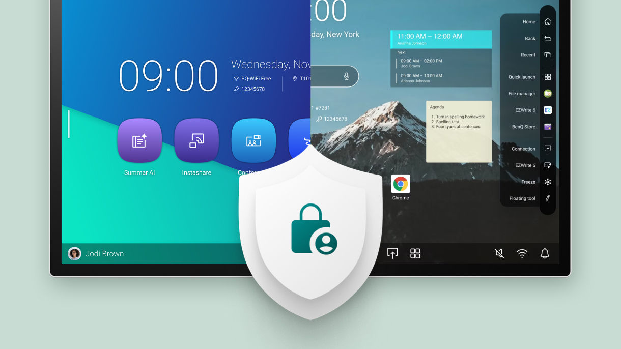 A secure login interface on a BenQ smart display featuring a shield icon, illustrating encrypted authentication via the organization's server to prevent credential theft.
