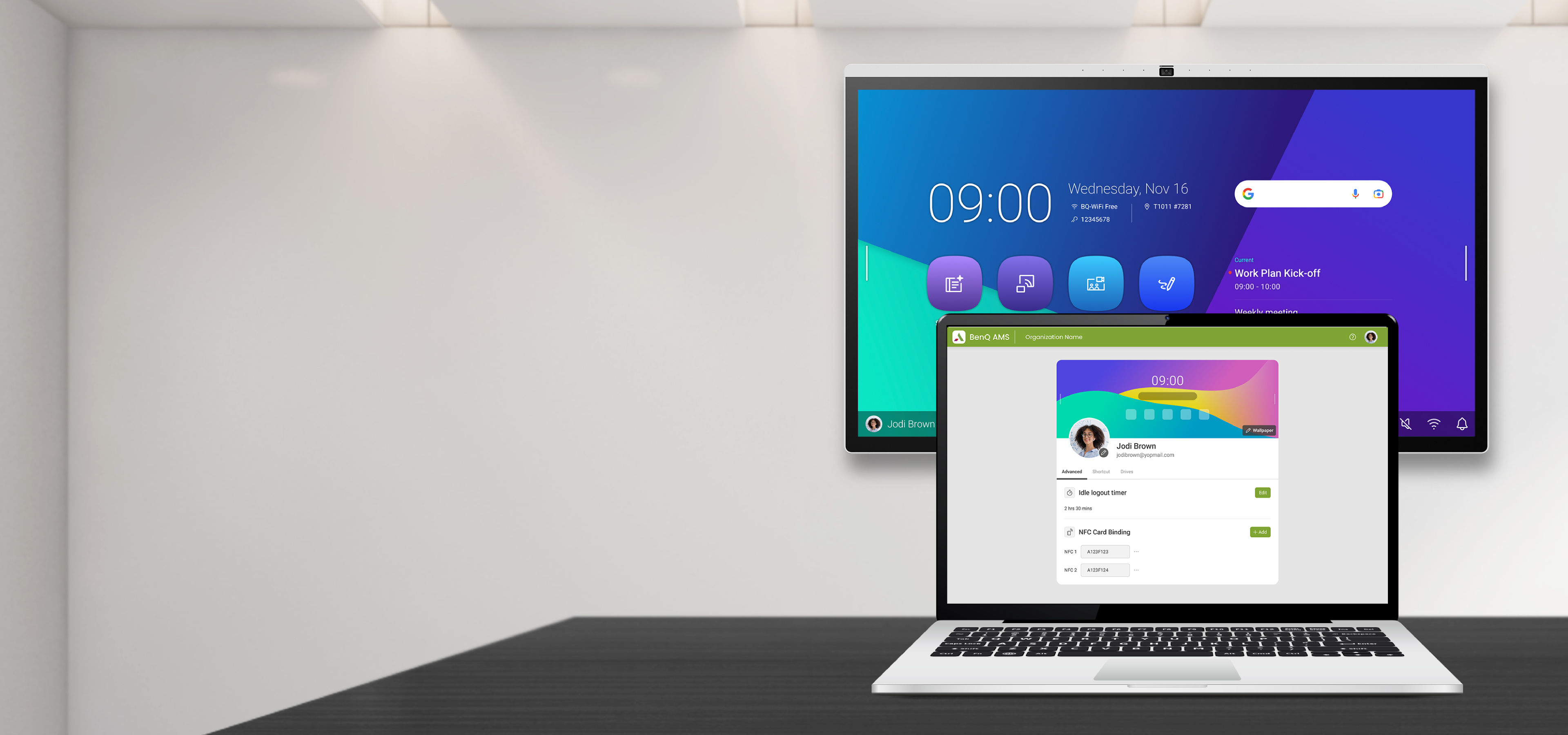 Account Management System open on laptop in front of interactive display in meeting room 