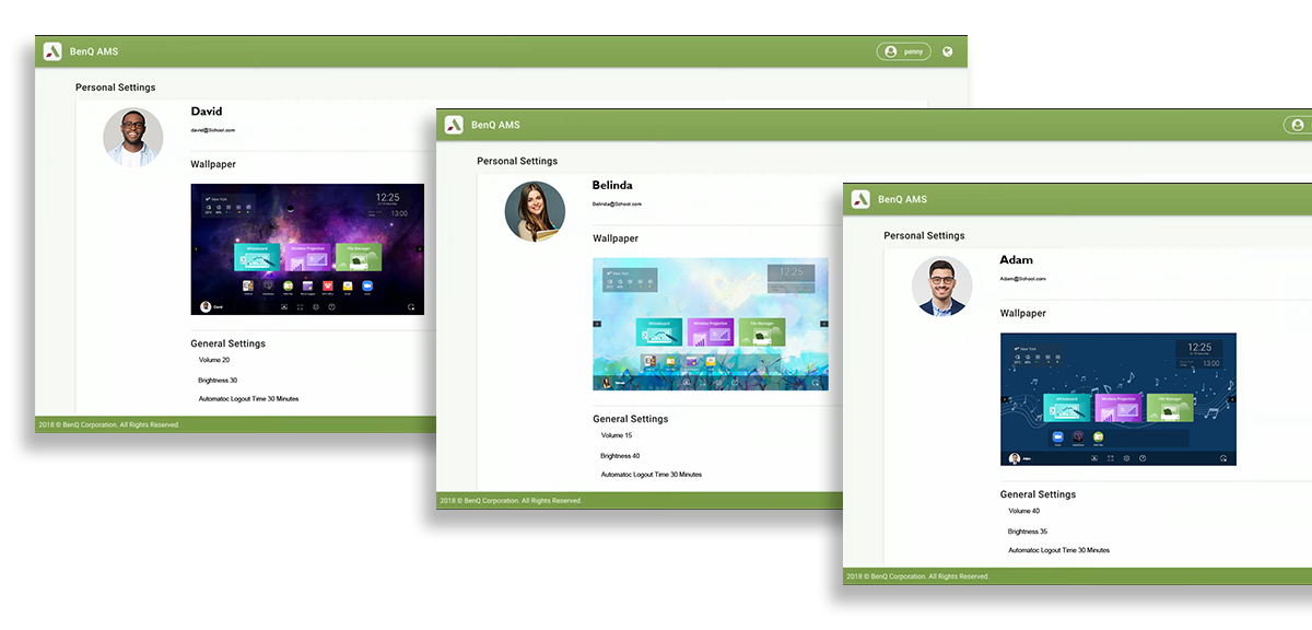 BenQ interactive display Account Management System (AMS) enables any teacher to simply log into any display and have it personalized with their apps, settings, wall paper and network drives.