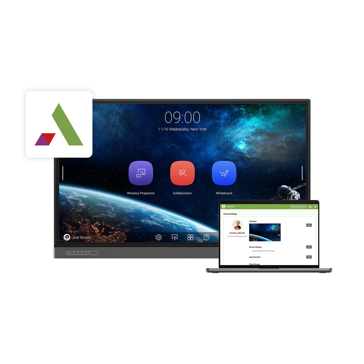 BenQ AMS Account Management System on interactive display and laptop