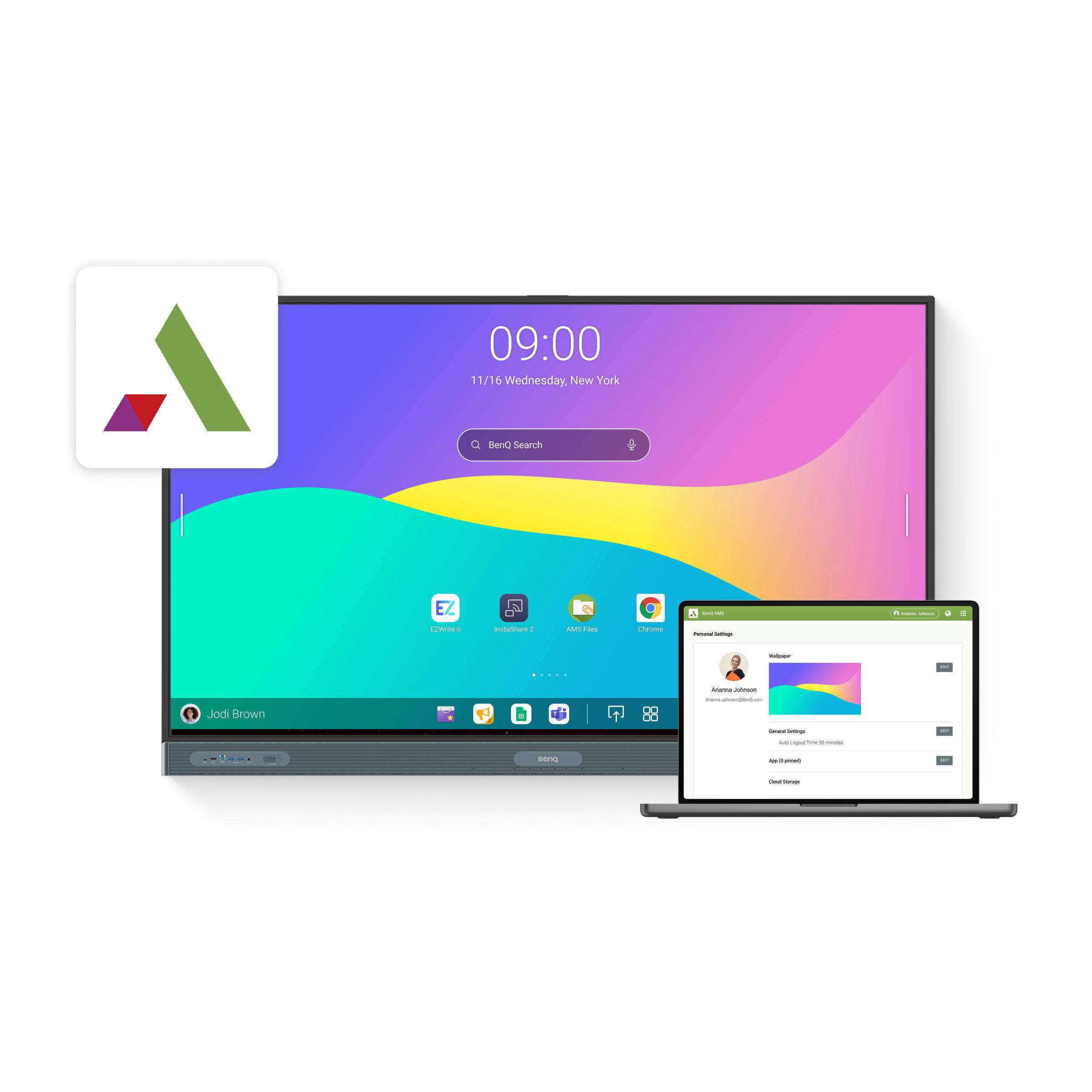 BenQ AMS Account Management System on interactive display and laptop