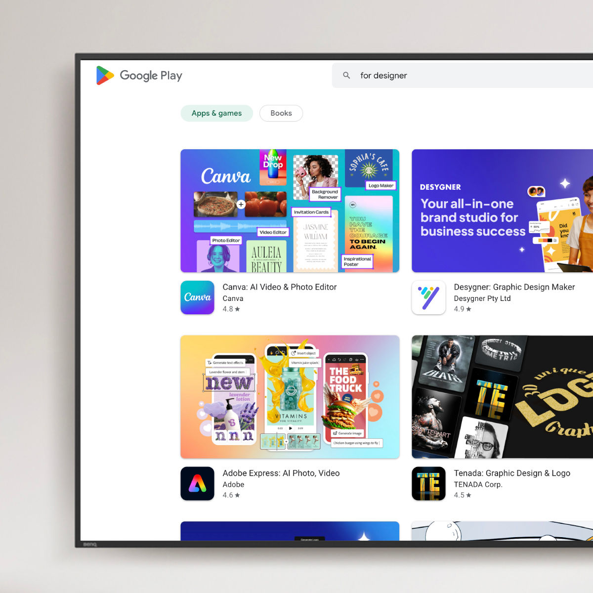 The Google Play Store interface on a BenQ digital signage screen showing Microsoft 365 and Spotify apps, representing an app-ready digital display for diverse corporate settings.