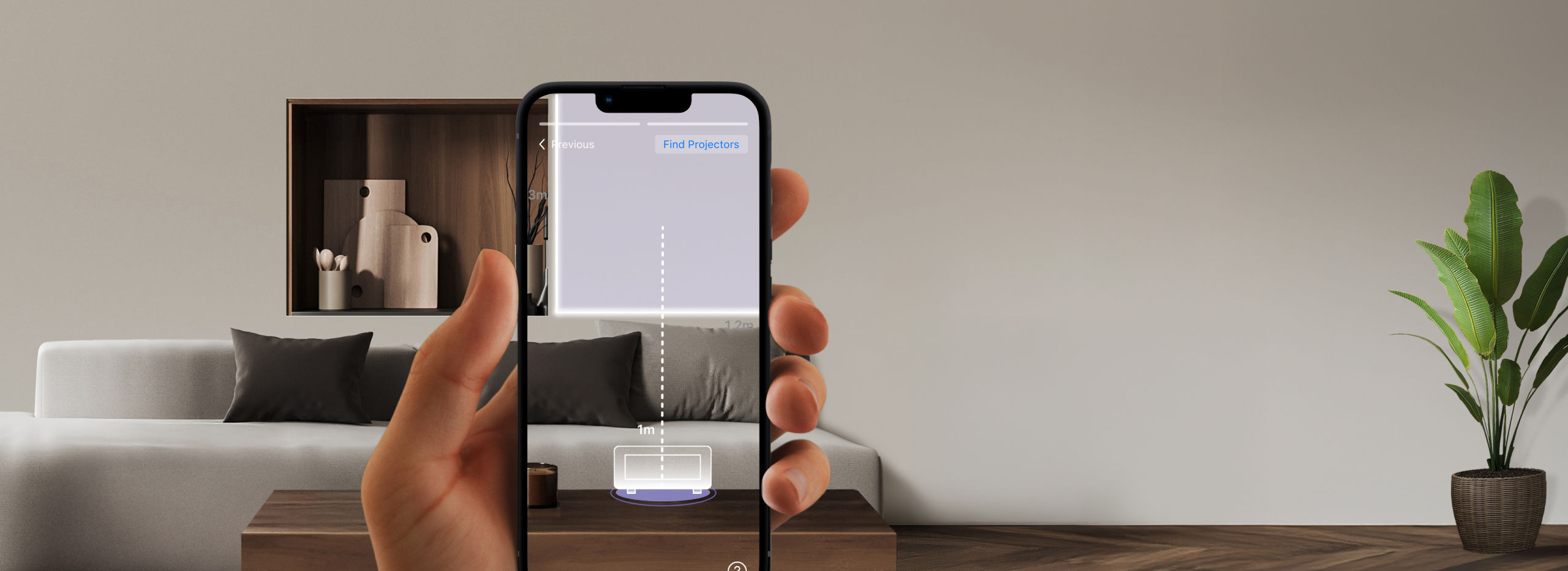 Planowanie ustawienia salonu z aplikacją BenQ AR Projector Planner, aby zobaczyć wirtualnie rozmieszczenie projektora domowego i wielkość ekranu.