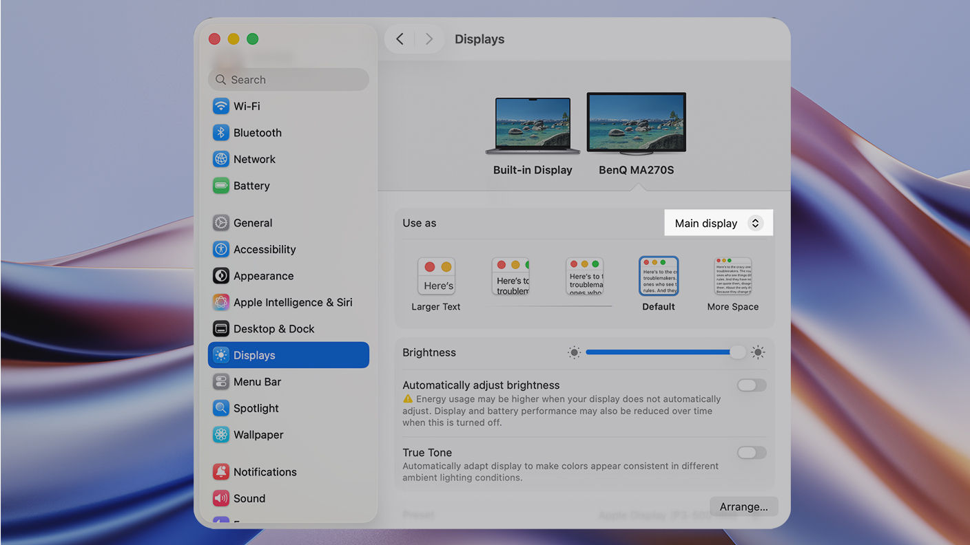  MacBook display settings main display
