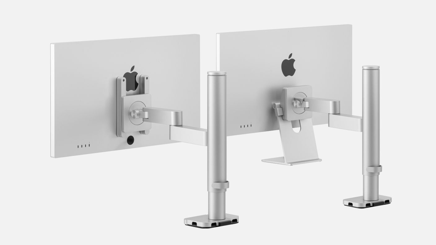 Comparison showing the INFTYLAB Studio Arm supporting both VESA-mounted and original stand versions of Apple Studio Display and iMac.