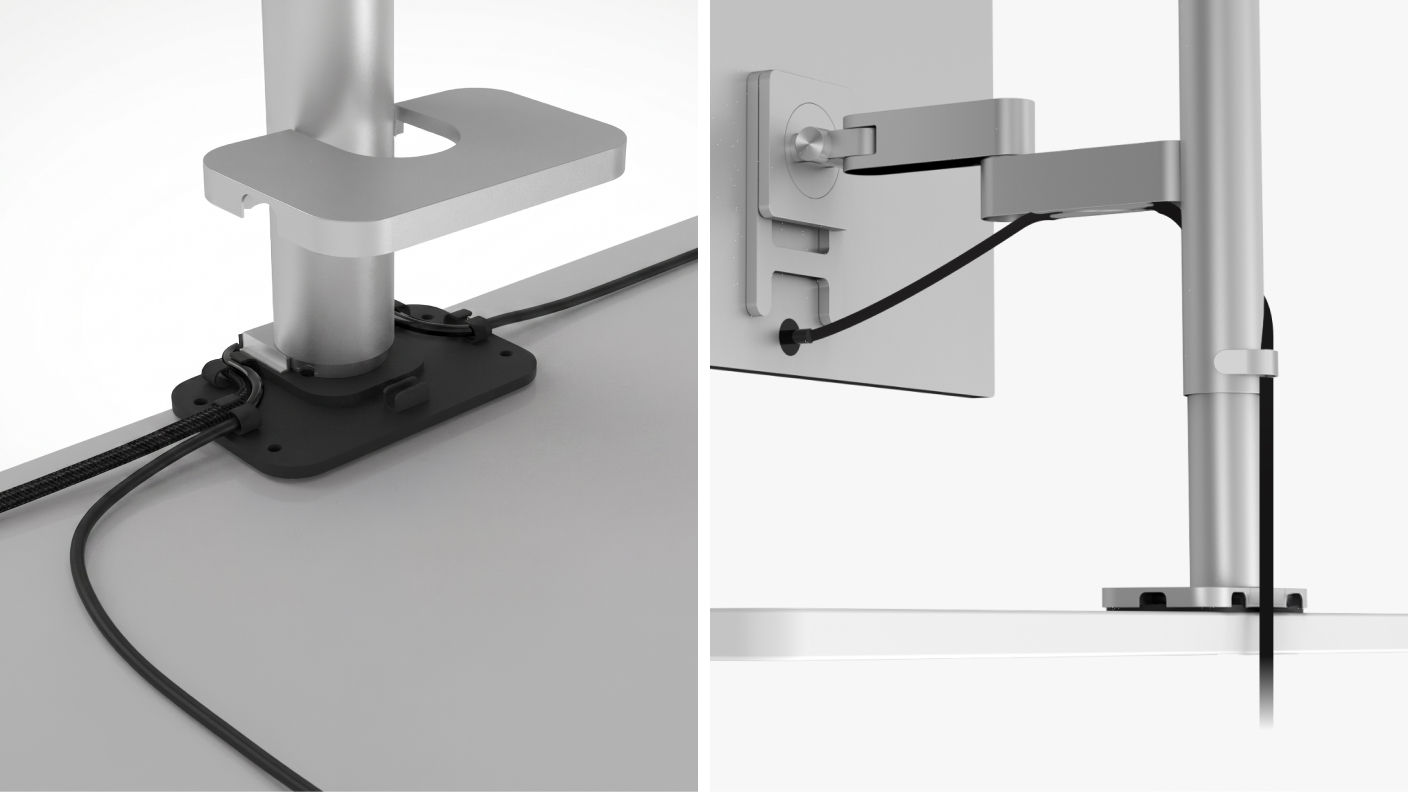 Close-up views showing cable management on the INFTYLAB Studio Arm, with a cable box for accessories and integrated cable routing through the arm.