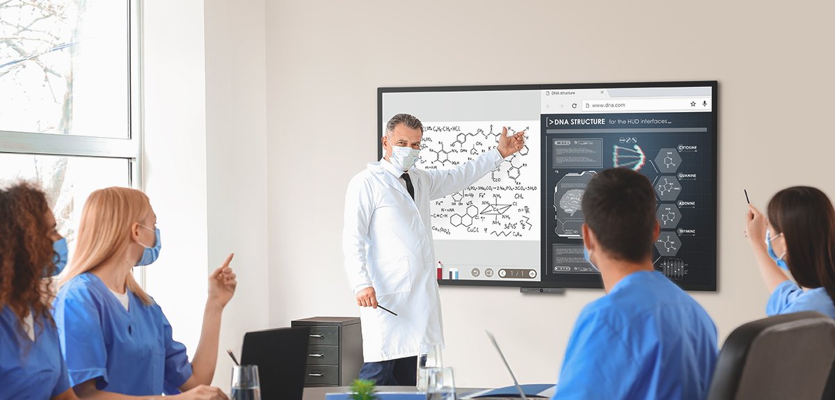 BenQ DuoBoard touch-screen Interactive displays facilitate collaborative healthcare meeting with vivid visual aids, convenient whiteboarding and duo windows. 