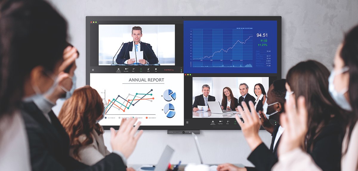 BenQ 4K UHD DuoBoard interactive displays CP6501K and CP8601K enable business teams to conduct video conferencing with four split windows.