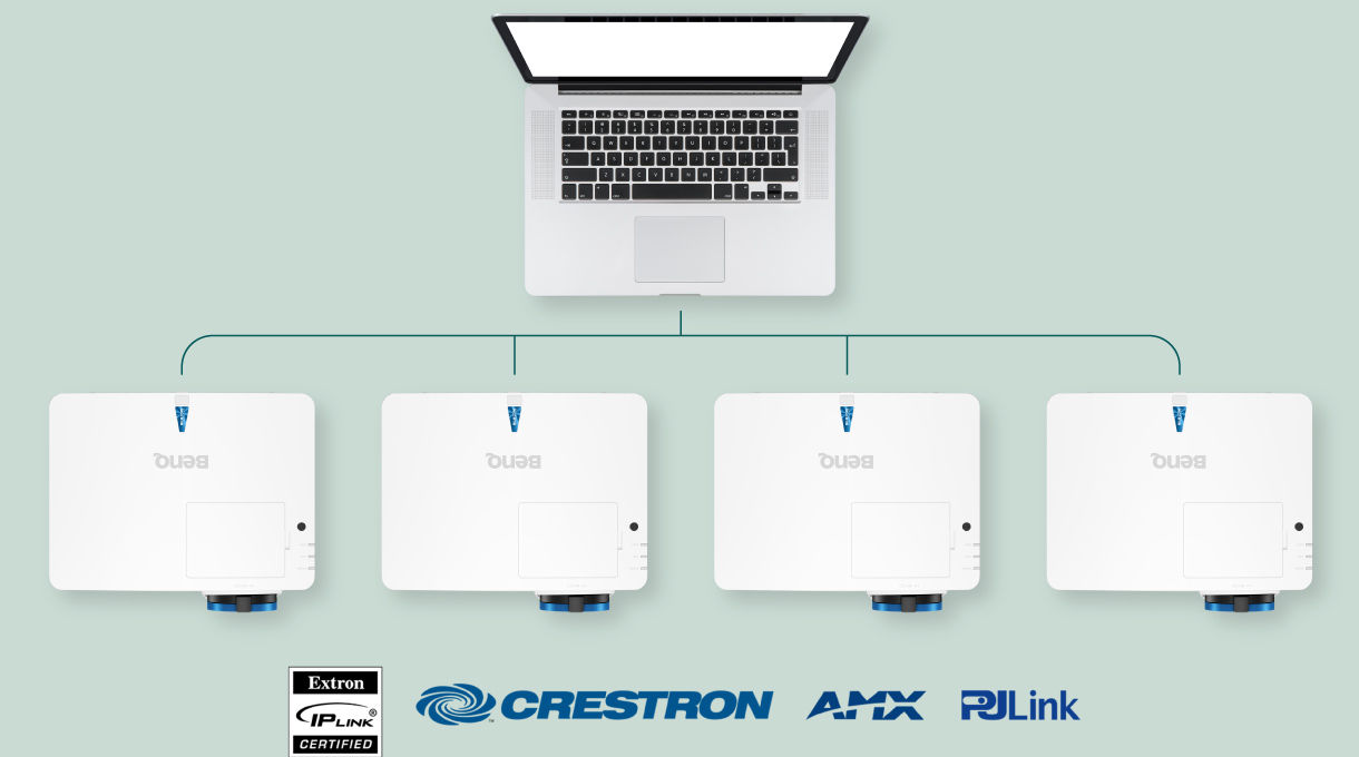 Totalmente compatible con los sistemas de control de proyectores Extron, Crestron, AMX y PJ-Link, lo que permite al personal informático administrar y mantener de forma centralizada hasta 253 proyectores con facilidad.