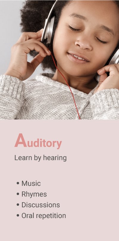 Different types of learners: Auditory learners - learn by hearing