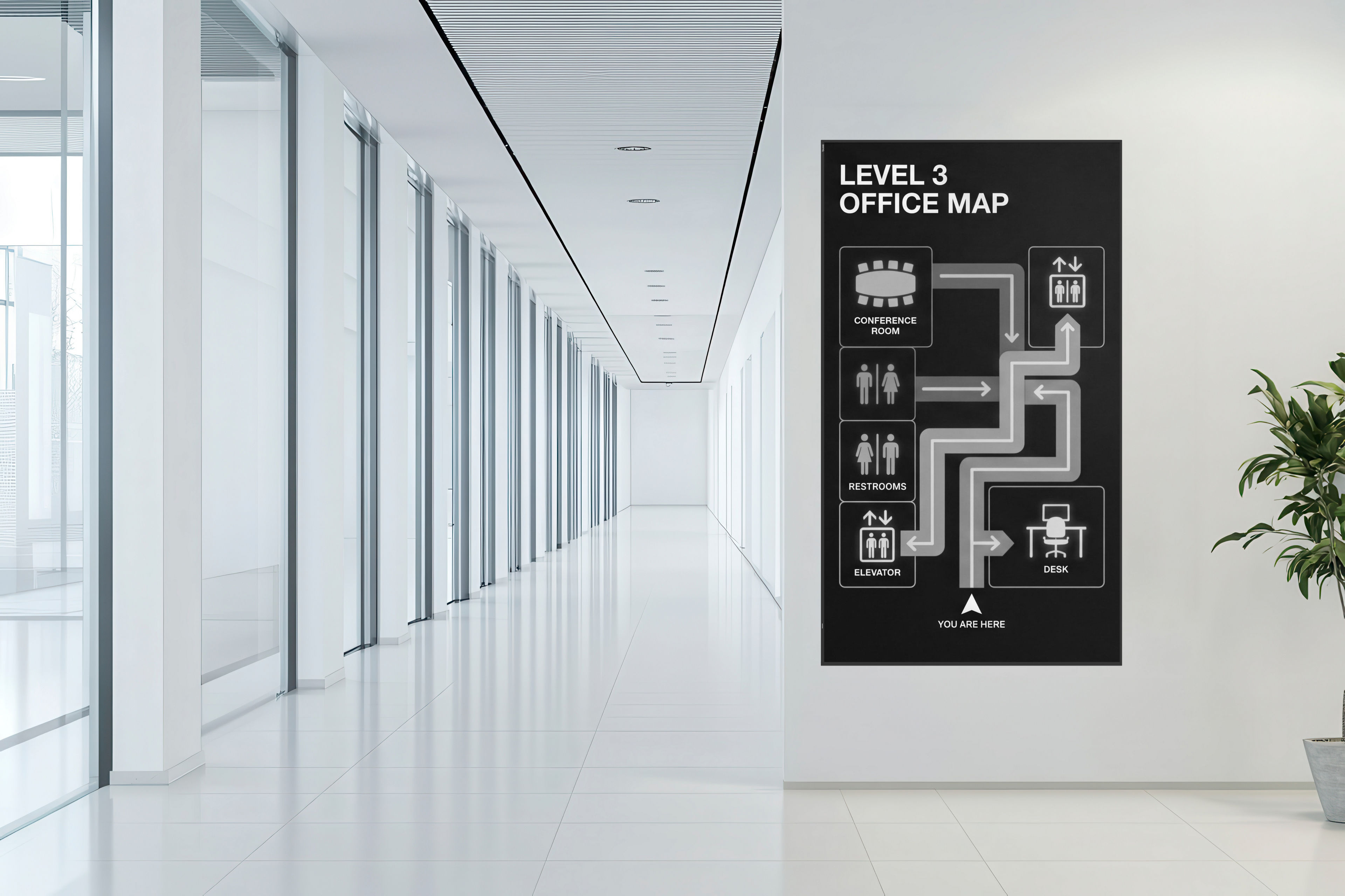 Modern Office Hallway with Blank Poster, Minimalist Design, Bright Lighting, Glass Walls, Potted Plant