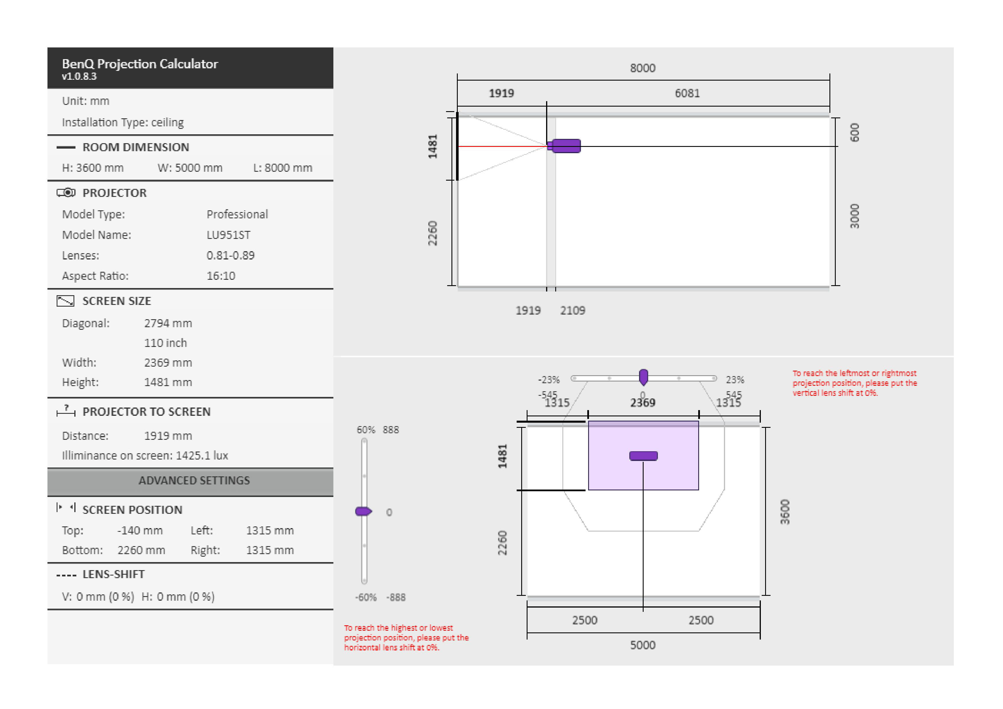 Use the installation height and target projected image size to calculate the installation distance via BenQ Projector Calculator