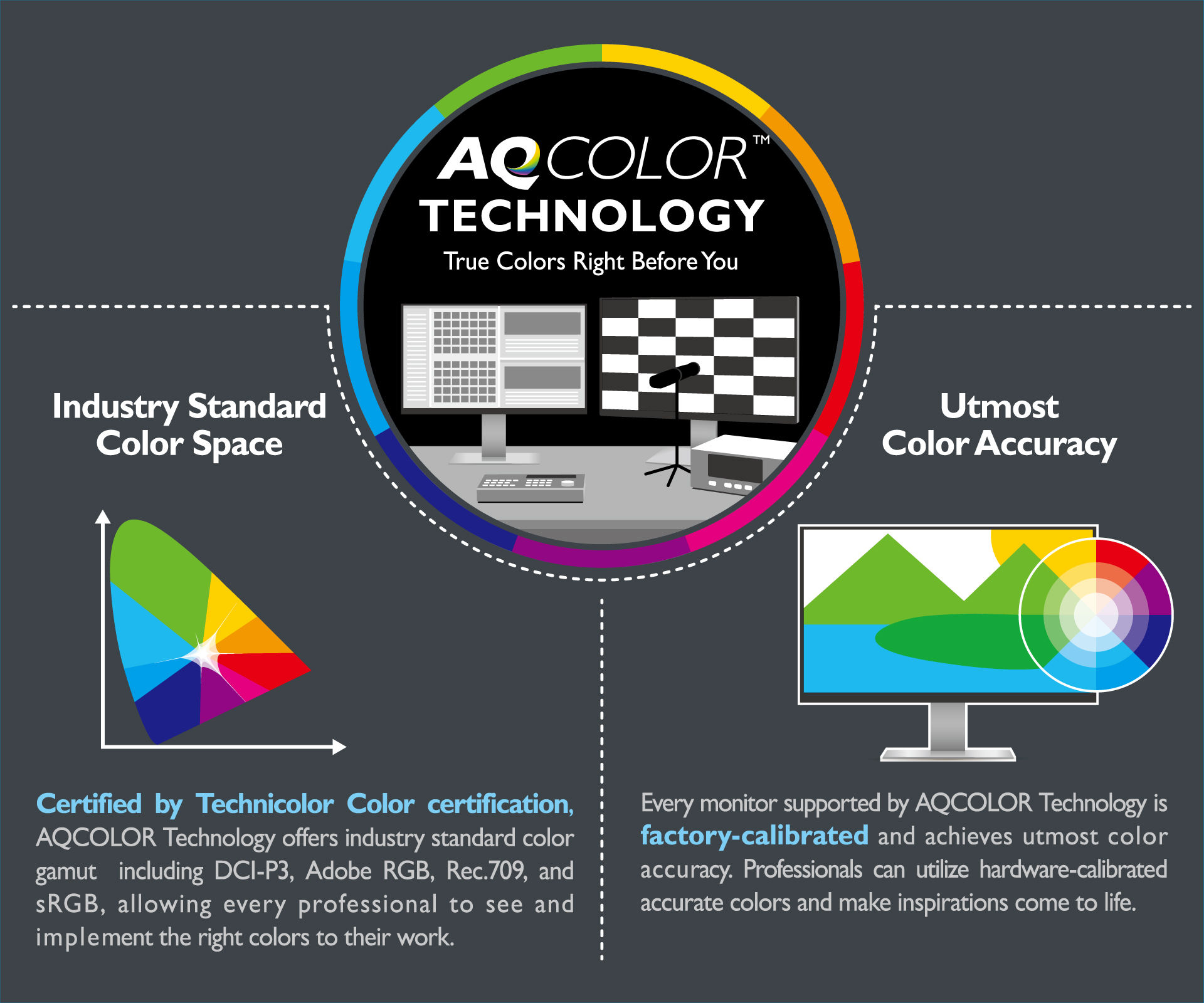 AQCOLOR technology offers industry standard color gamut including DCI-P3, Adobe RGB, Rec.709, and sRGB, allowing every professional to see and implement the right colors to their work ; also every monitor supported by AQCOLOR technology is factory-calibrated and achieves utmost color accuracy.