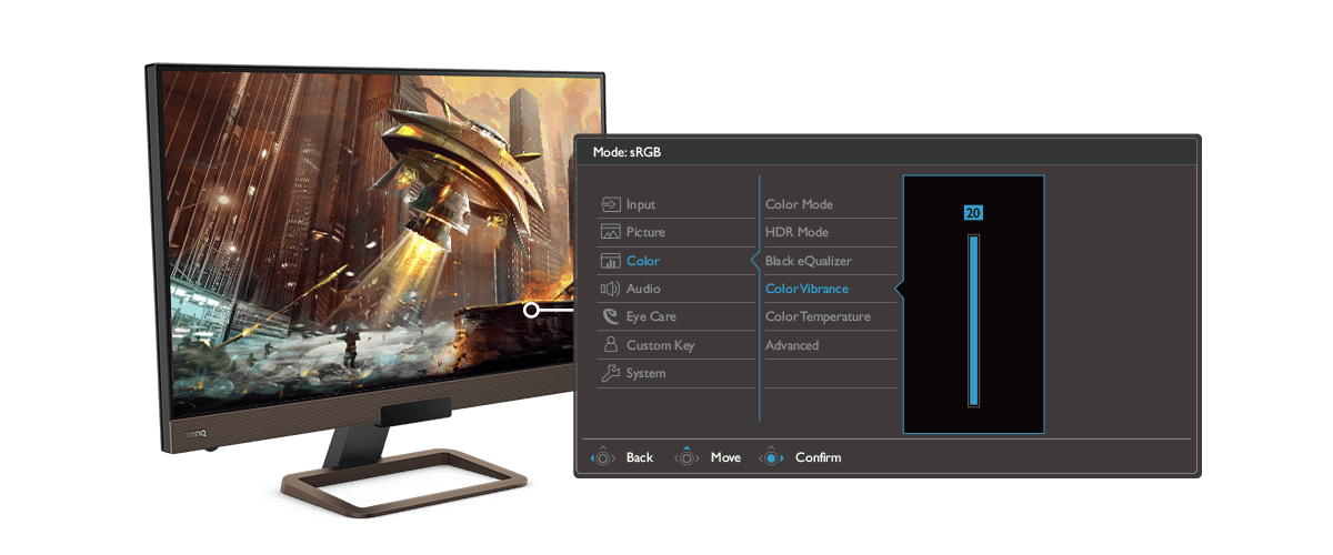 Màn hình gaming BenQ EX2780Q có hiển thị màn hình OSD cho chức năng Color Vibrance rõ ràng và dễ sử dụng.