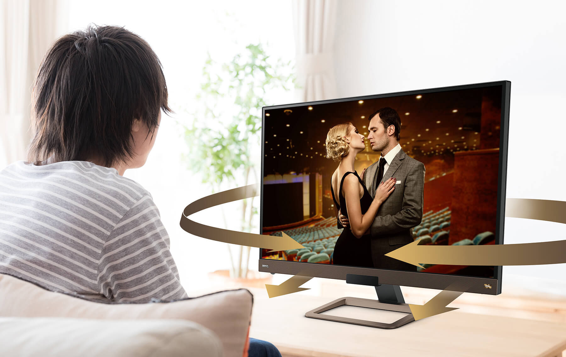 speaker front-end mengarah ke arah pengguna, speaker back-end memancarkan suara "wrap around", memberikan pengalaman audio yang menakjubkan .