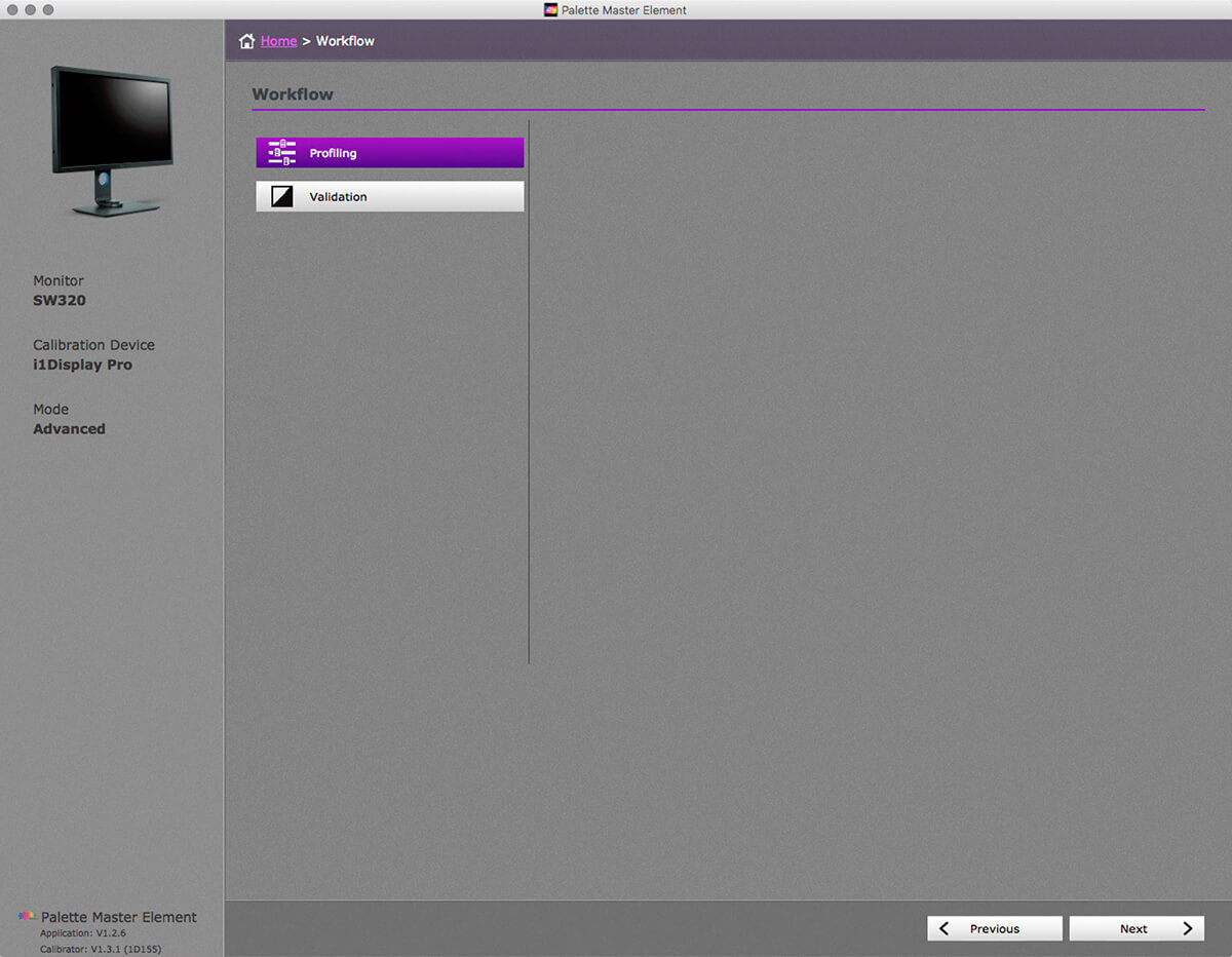 Choose profiling for BenQ's palette master element software.