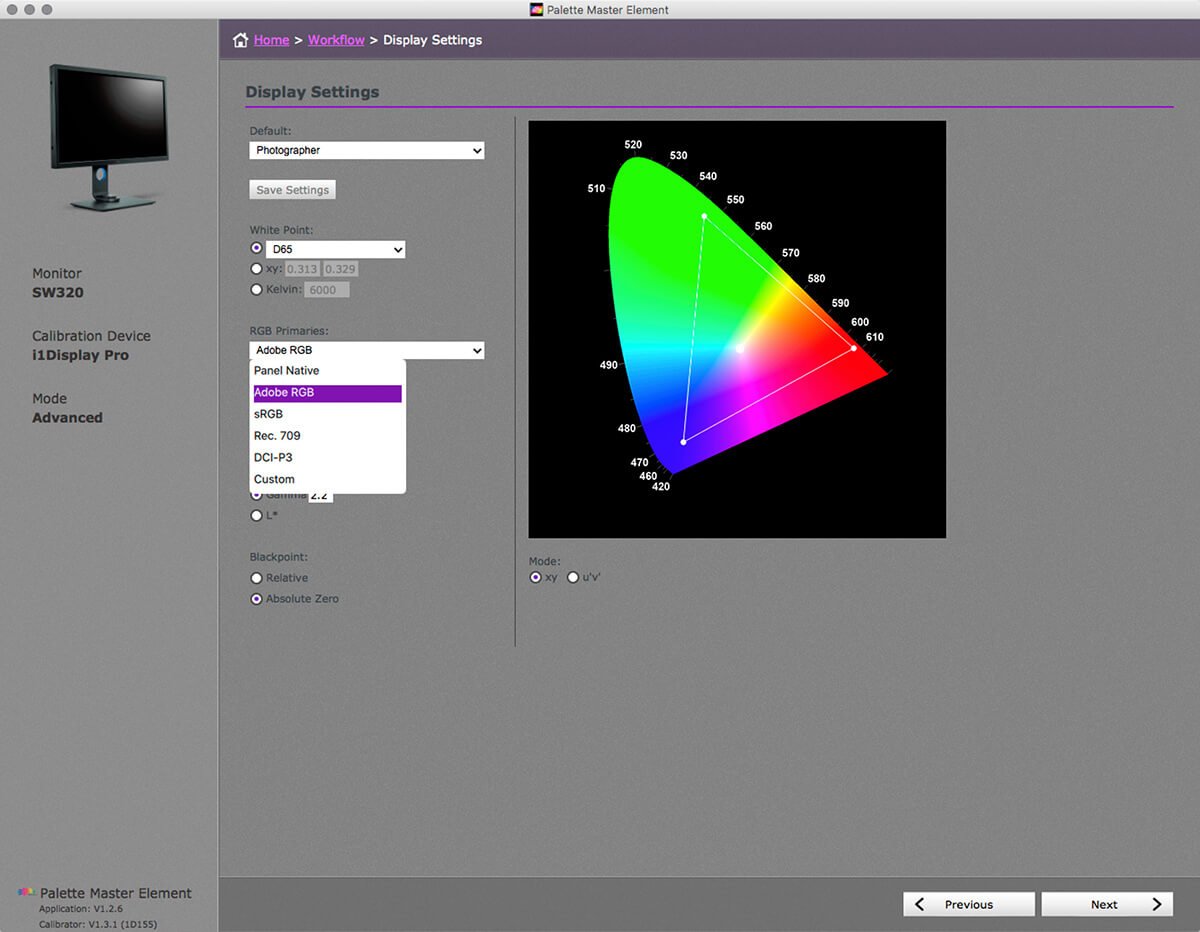 Set the RGB primaries to the colour mode for first custom calibration.