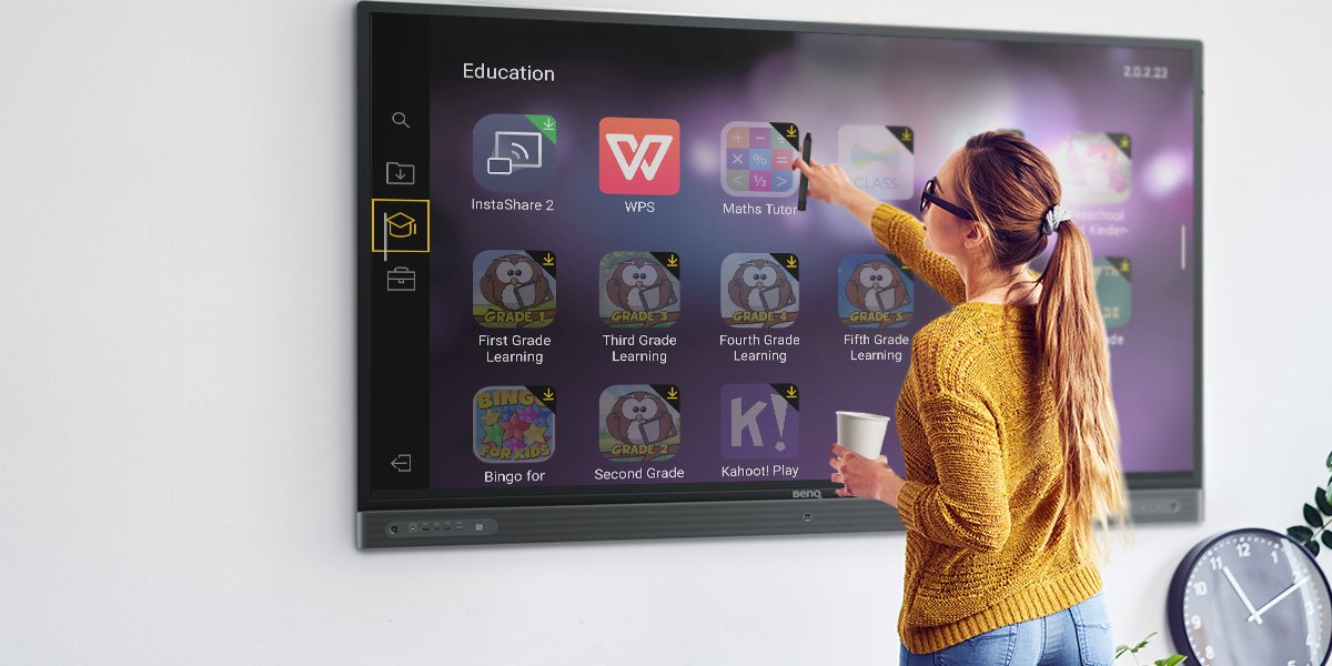 teacher downloading favorite apps from BenQ App Store on the classroom BenQ interactive display