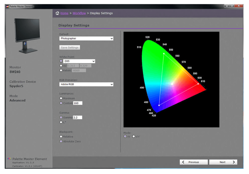 Het Master Element Calibration Software-palet optimaliseert de kleurprestaties van de monitor indien nodig.