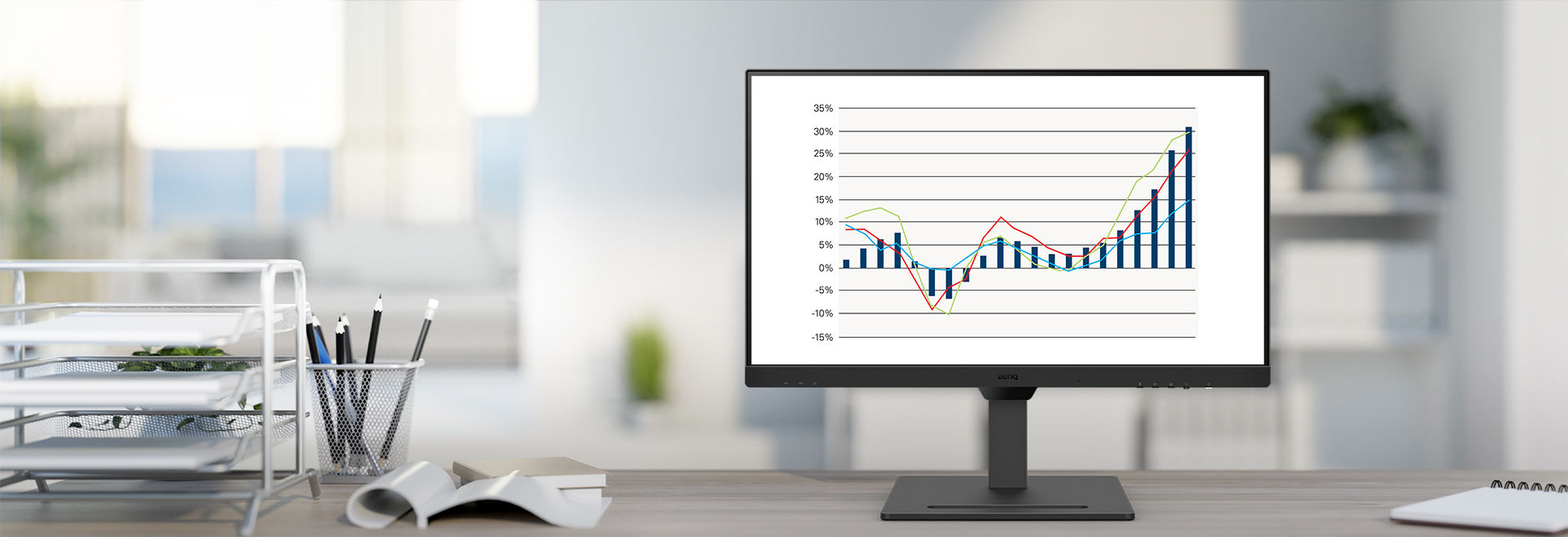 With BenQ business monitors, you are the boss of your workspace. Whether to boost the flexibility of your work setup, or to find the perfect screen positioning for your tasks, you decide. Even extended work periods will keep your eyes comfortable.  	