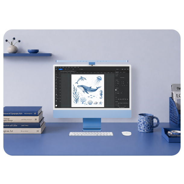 BenQ iScreenBar completing a blue iMac desktop setup with a seamless, integrated design.