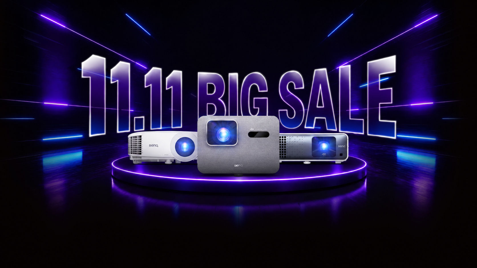 BenQ home projectors on a purple-lit stage for Black Friday deals.