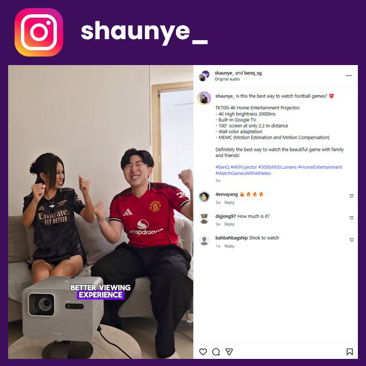 BenQ home theater projector with built-in Google TV showing a sports streaming interface with apps like FOX Sports for world football matches.