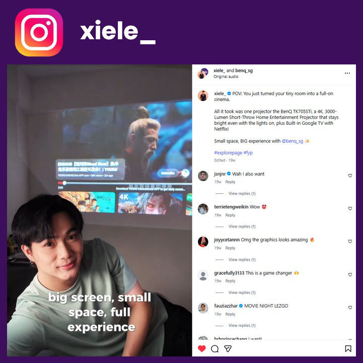 BenQ home theater projector with built-in Google TV showing a sports streaming interface with apps like FOX Sports for world football matches.