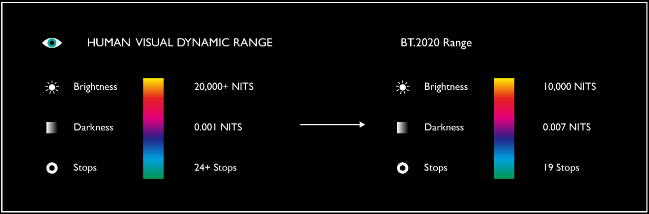 The picture shows the difference between human visual dynamic range and BT.2020 range.