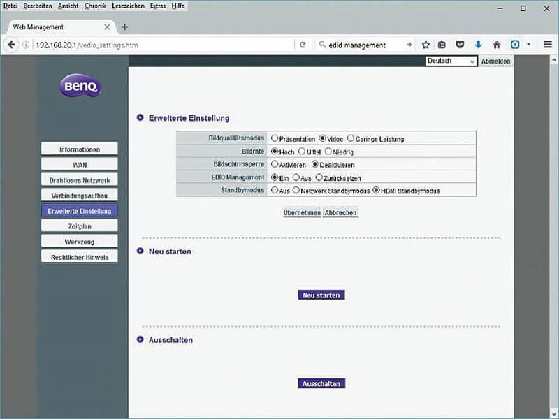 Eine webbasierte Administrationsoberfläche bietet Konfigurationsmöglichkeiten zur Anpassung des Systems (Bild: BenQ)