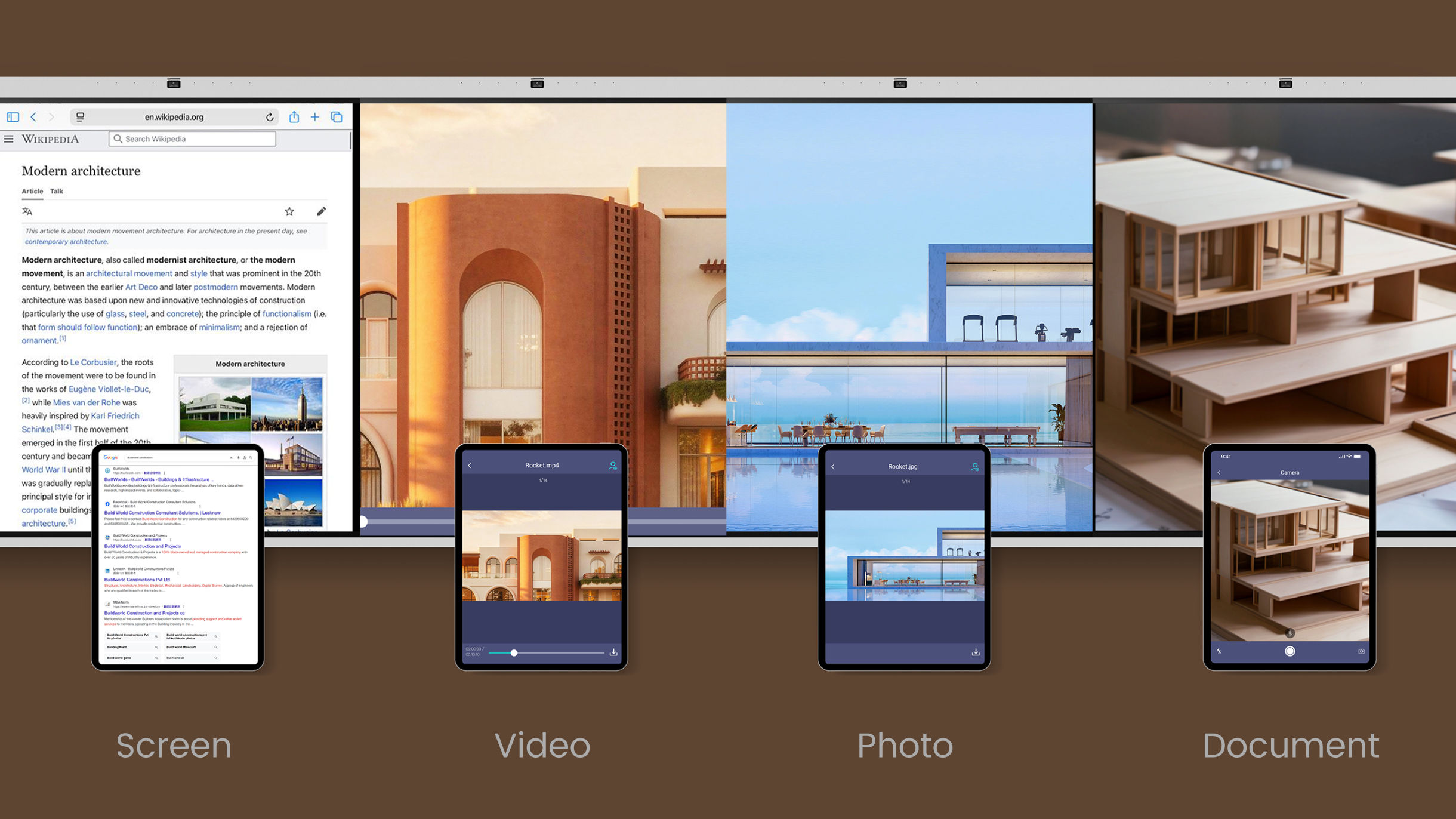 A BenQ interactive display showcasing four split-screen categories—Screen, Video, Photo, and Document—to demonstrate how BenQ Workplace Solutions allow users to share specific apps while keeping the rest of their data private.