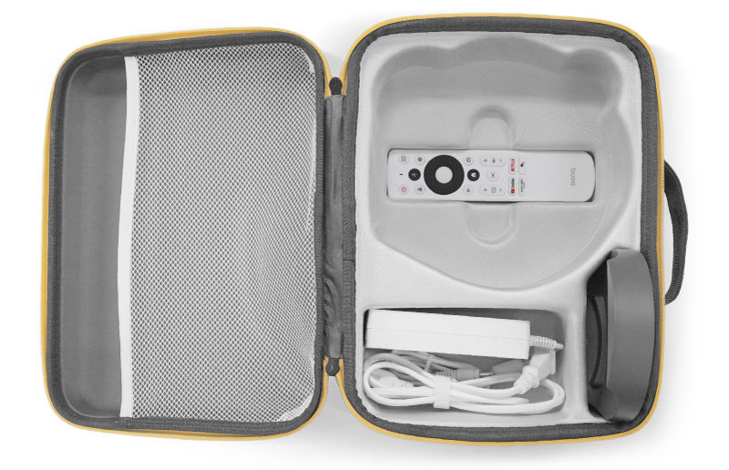 BenQ GV Series custom carry case interior with compartments for projector, charger, base, and remote control – designed for a perfect fit.