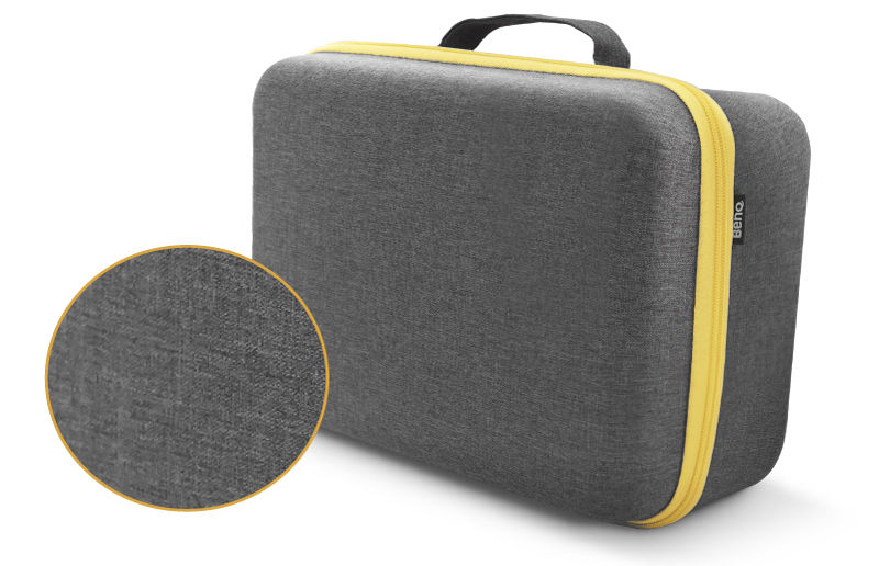 BenQ GV Series portable projector carry bag with durable semi-waterproof Melange cloth and protective yellow zipper design.
