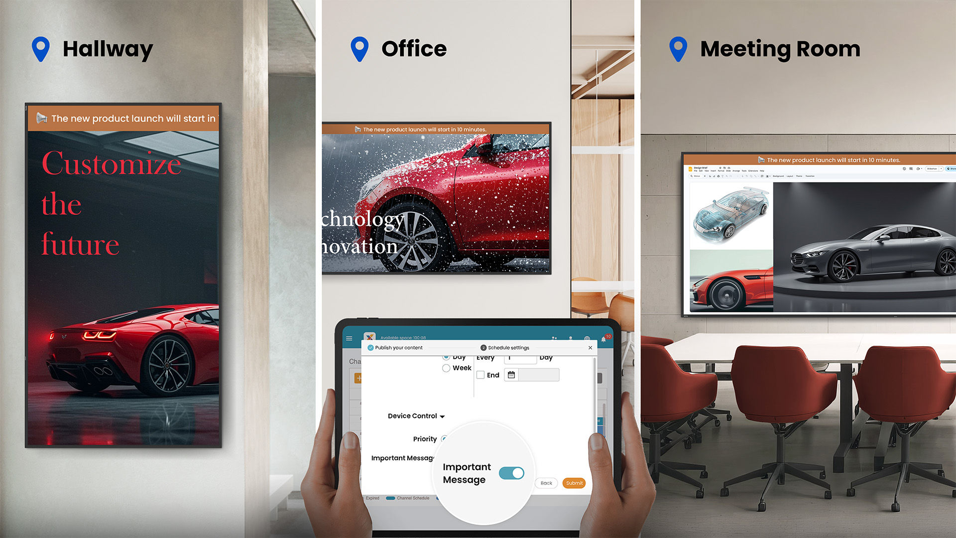 A BenQ digital signage display showing multiple viewing modes including Sketch, High-detail, Cinema, and M-book mode for MacBook, optimized for diverse business tasks and workflows.