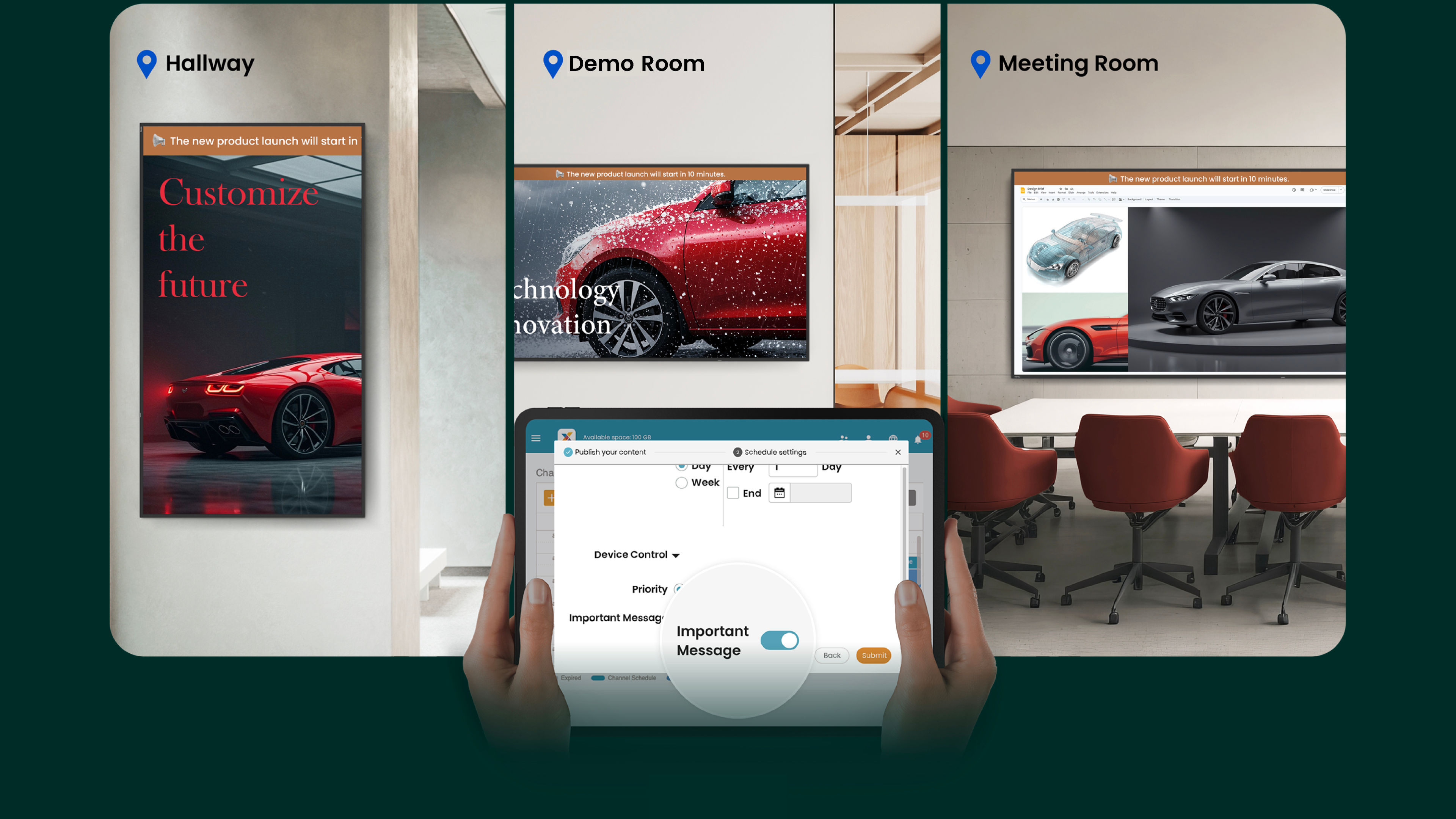 A hand holding a tablet to manage BenQ digital signage across Hallway, Office, and Meeting Room locations, using X-Sign software to push an "Important Message" for efficient workplace solutions.