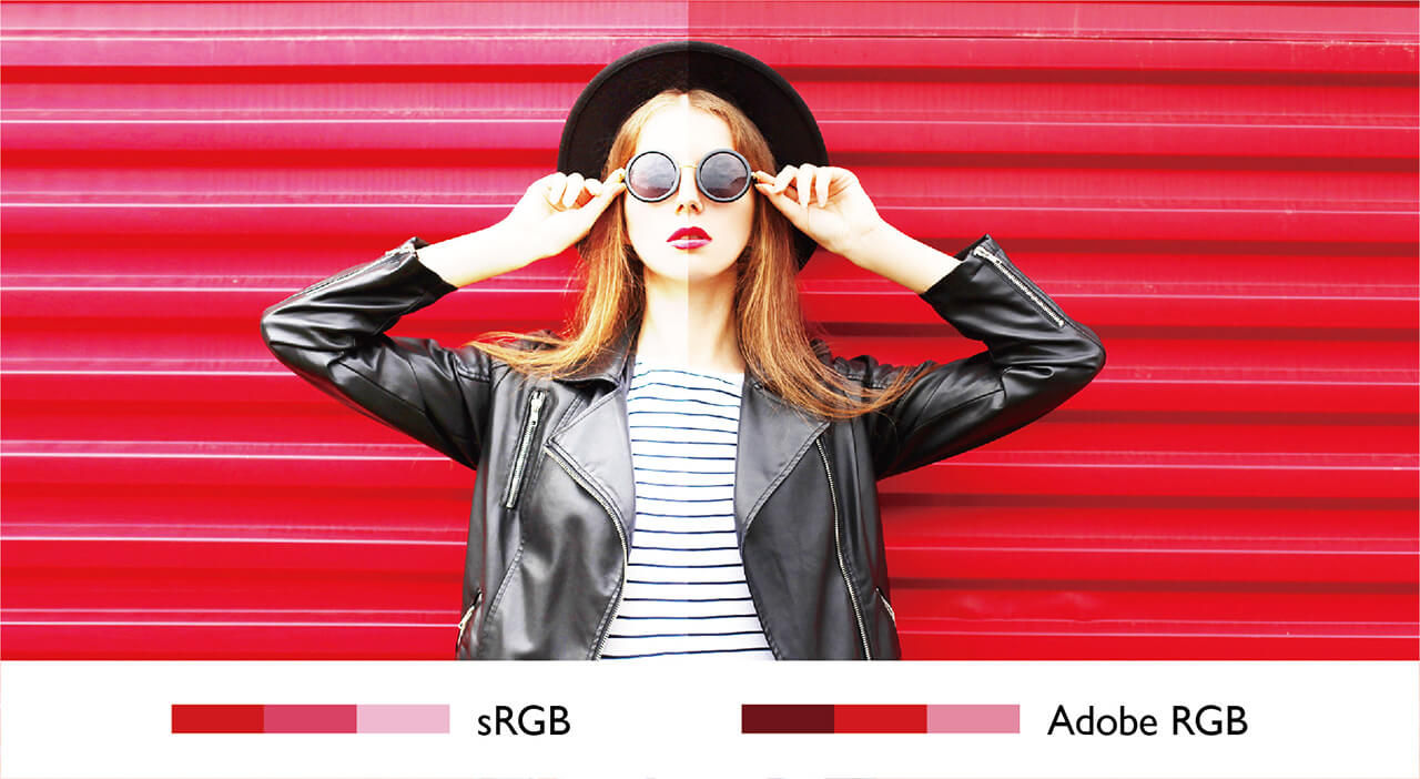 AdobeRGB memiliki gamut lebih lebar dari sRGB, dan warna biru-hijau di nada CMYK yang tidak dapat mengakomodasi sRGB.