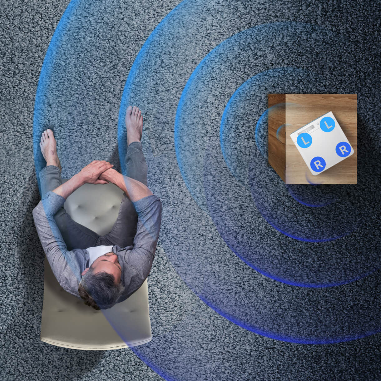 Mann testet den Klang. 