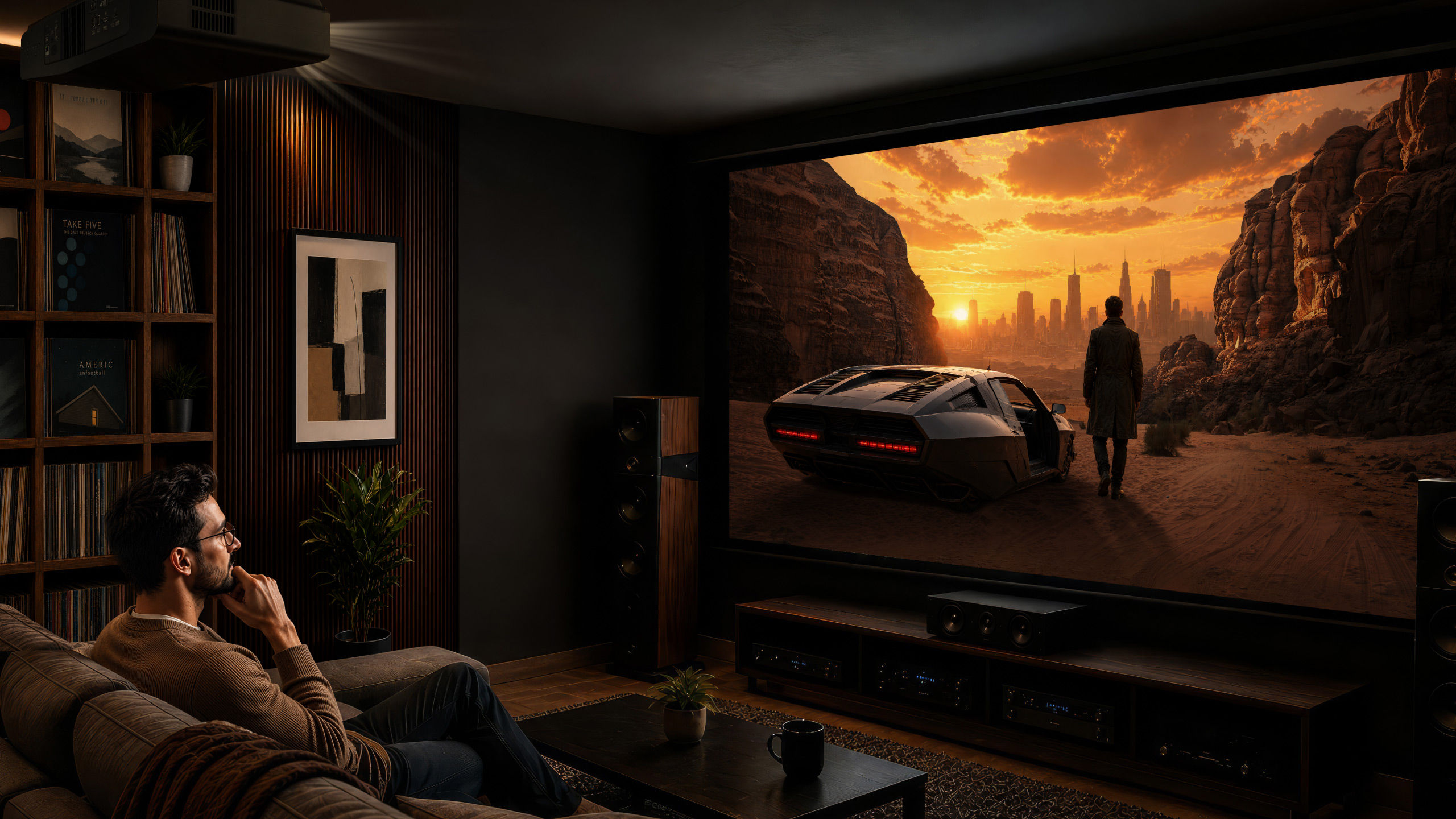 BenQ W Series 4K home cinema projector displaying a cinematic scene in a home theater