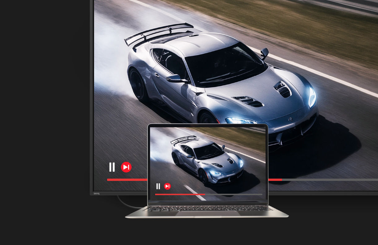 A silver sports car driving on a track shown on a BenQ digital signage screen in Cinema mode, featuring vivid colors and deeper blacks for an immersive visual experience.