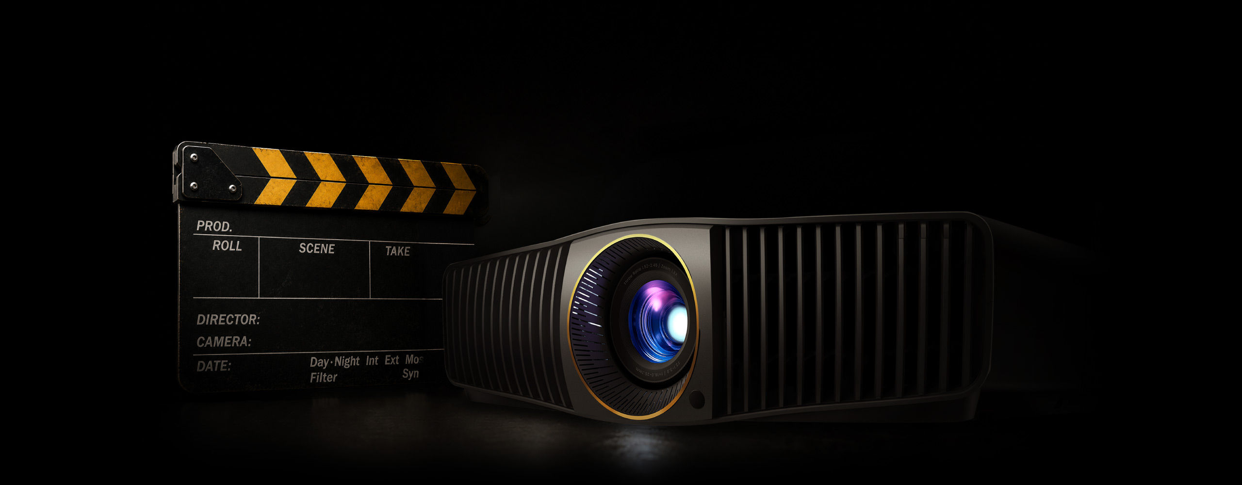 BenQ W Series 4K home cinema projector beside a film clapperboard, representing professional cinema standards