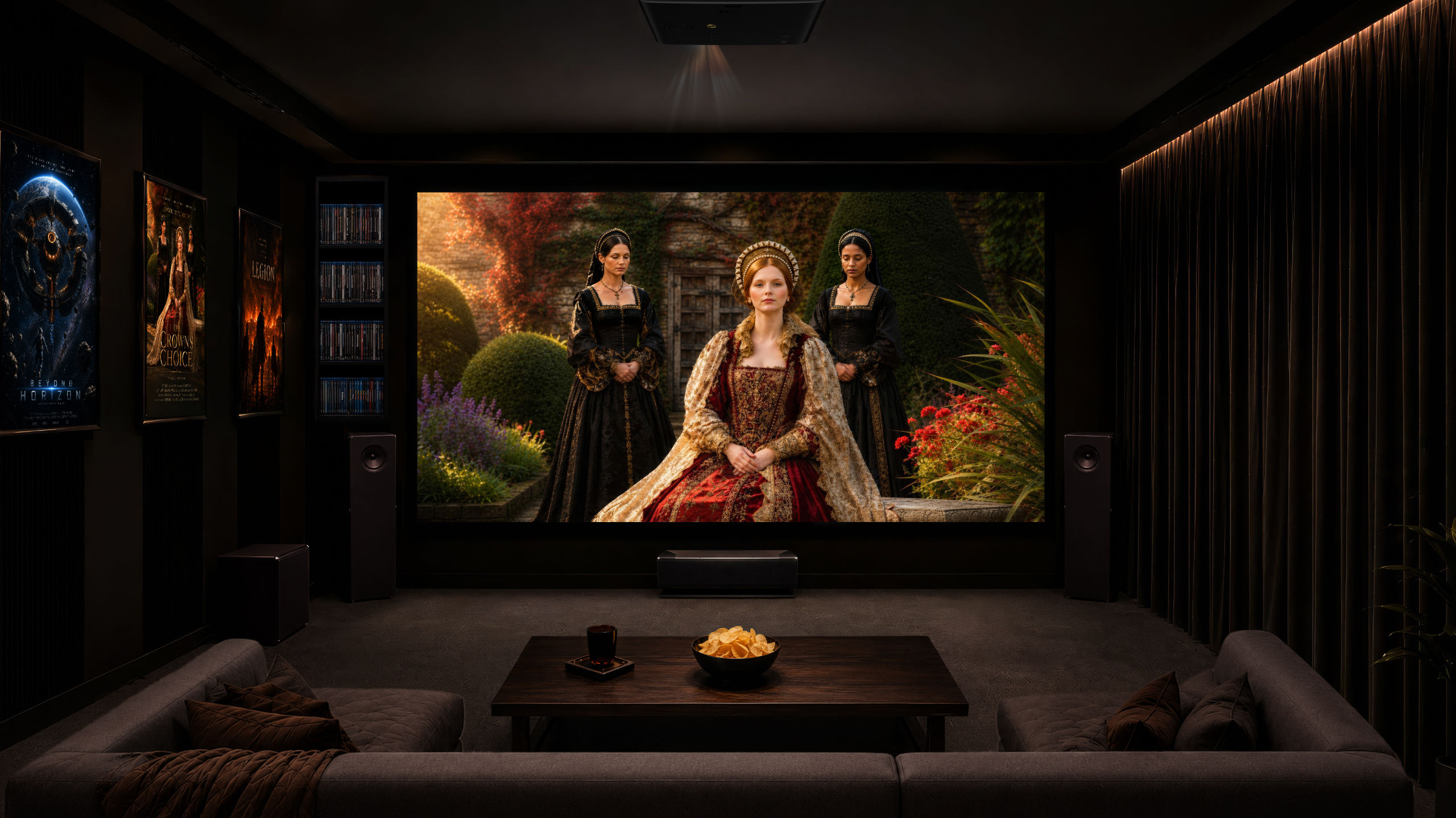 Ceiling-mounted BenQ W Series home theater projector in a dedicated cinema room with a large screen