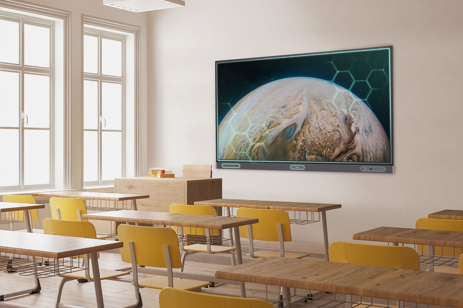 Germ-resistant Pro Series RP03 screen in a bright, empty classroom