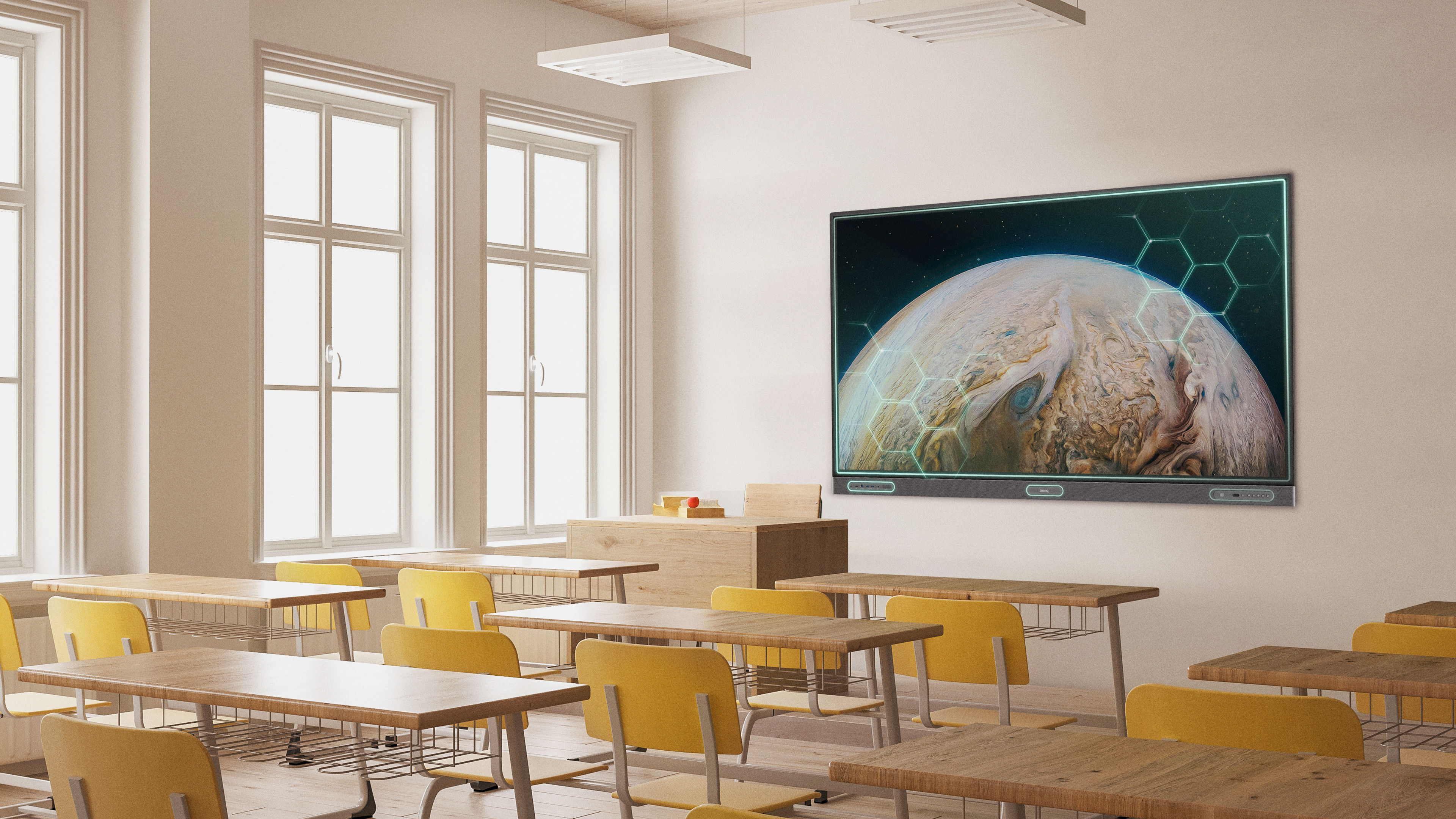 Germ-resistant Pro Series RP03 screen in a bright, empty classroom