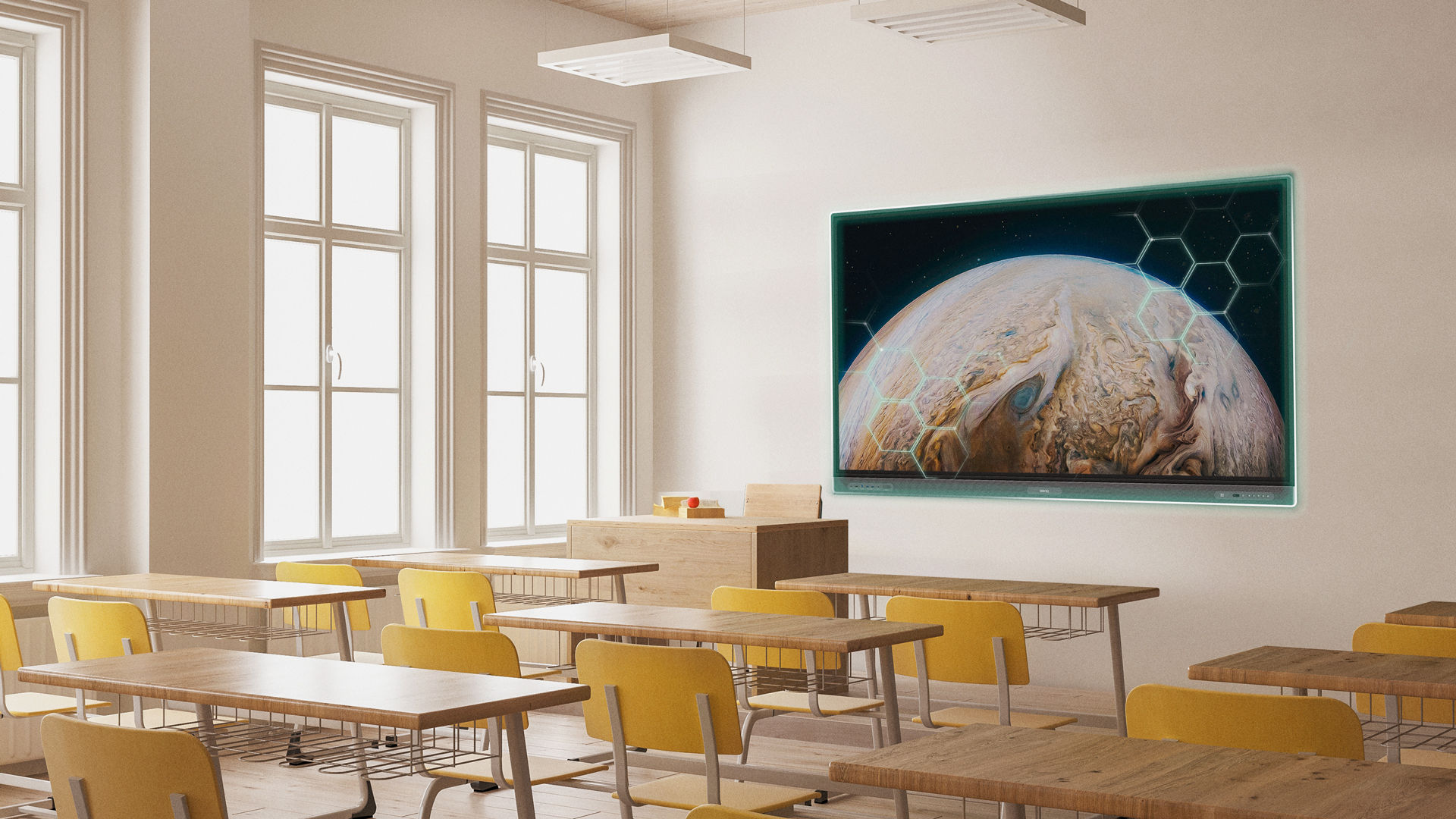 BenQ Interactive Panel Professional Series 75" (RP7503) Germ-resistant Pro Series RP03 screen in a bright, empty classroom