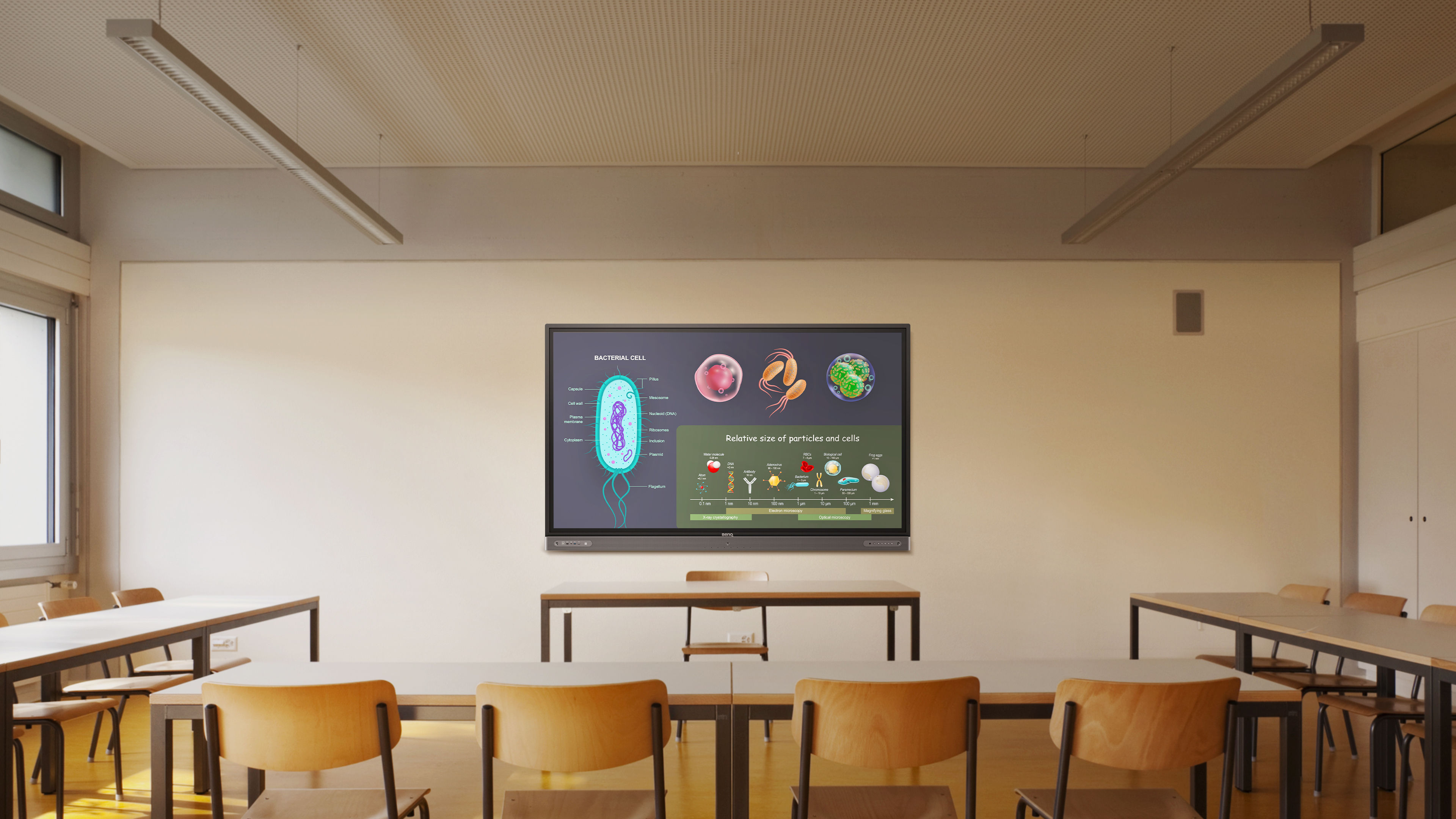 Teacher holding NFC card in front of classroom with BenQ Pro Board