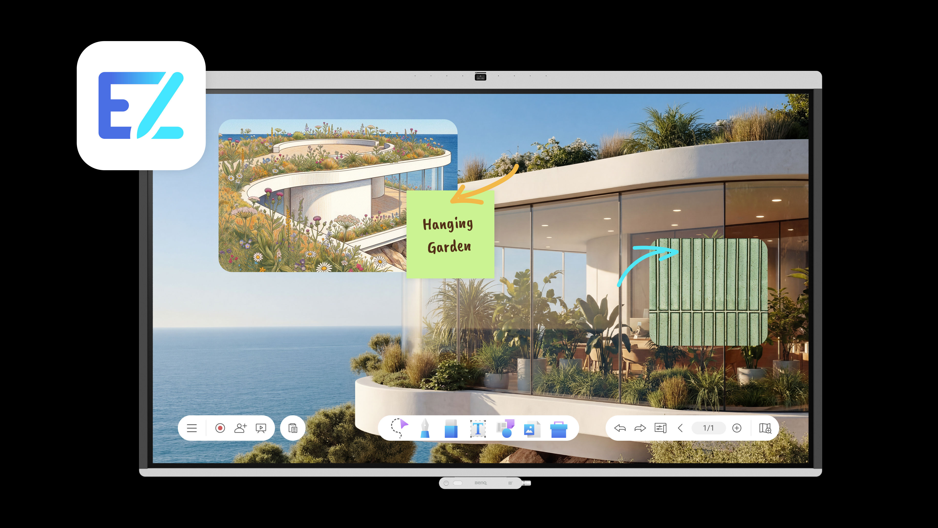 A large BenQ interactive display running EZWrite 6 with a vast architectural canvas, featuring a sticky note labeled "Sun-loving plants" and a floating window of a spiral building to boost workplace efficiency.