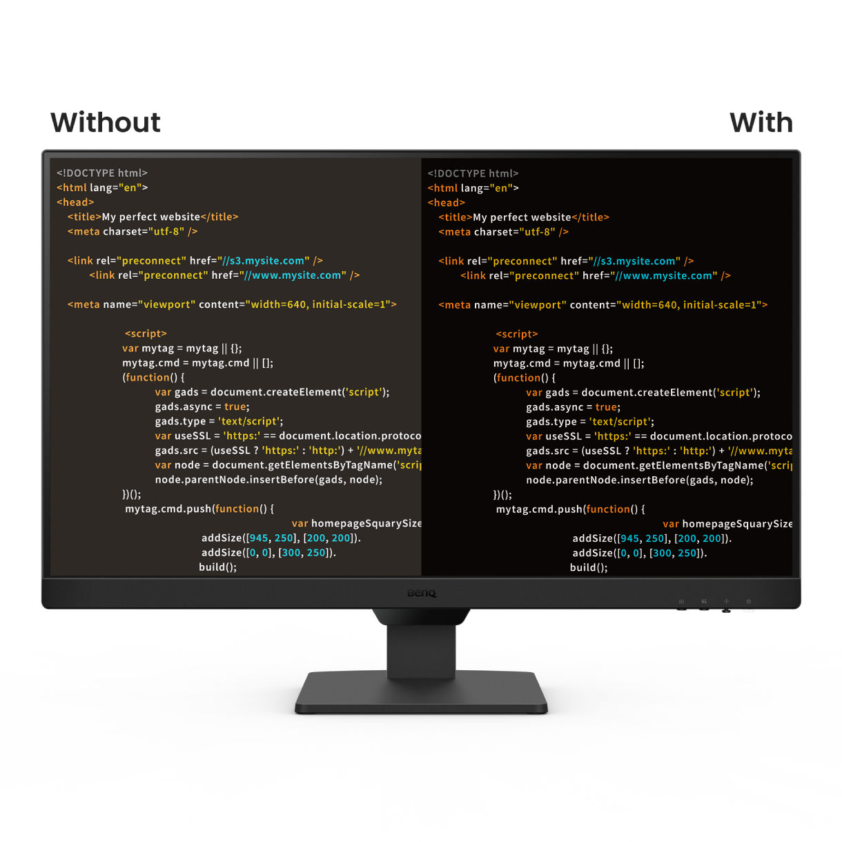 BenQ BL2790's Coding Mode devised to make every color pop out for easy readability with optimized contrast and saturation of dark mode.